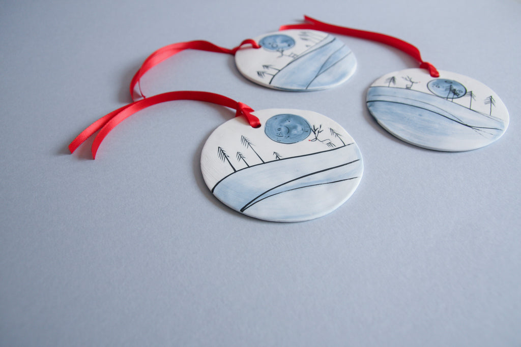Reindeer and Full Moon Disc Ornament