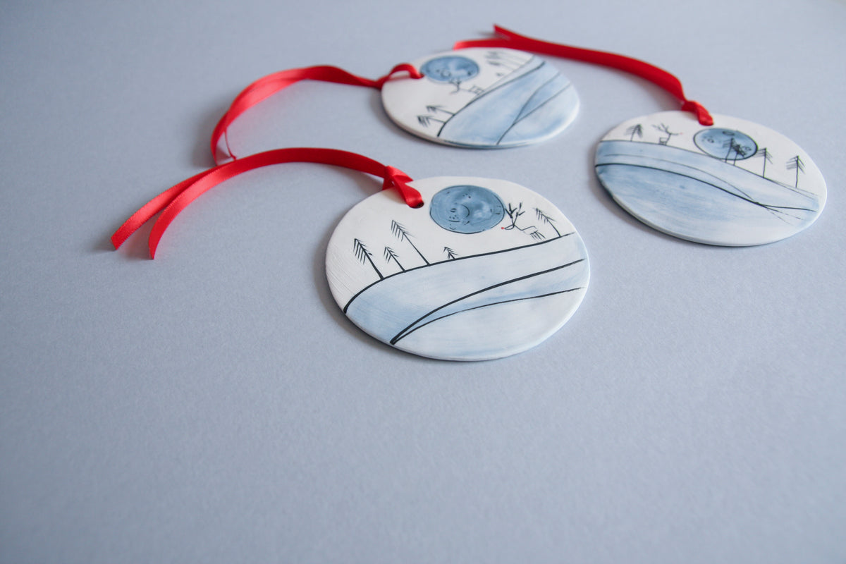 Reindeer and Full Moon Disc Ornament