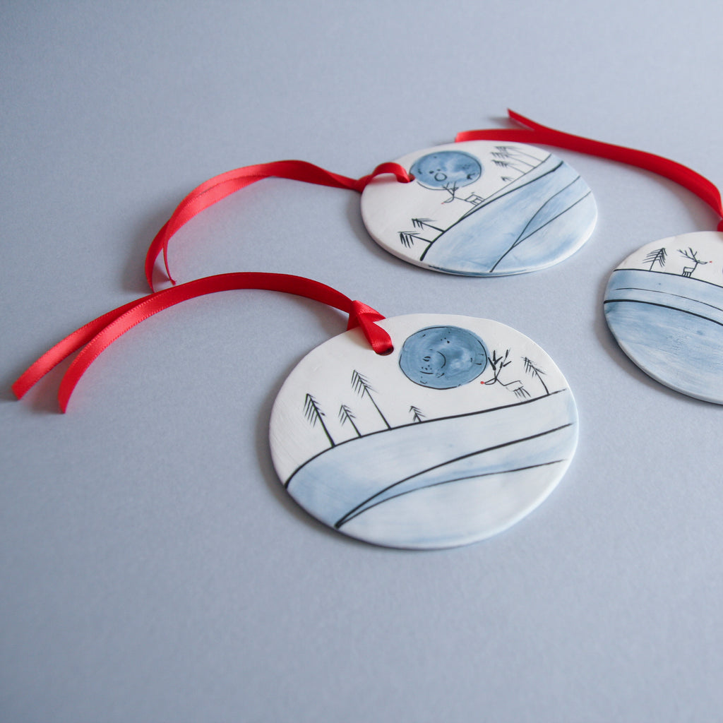 Reindeer and Full Moon Disc Ornament