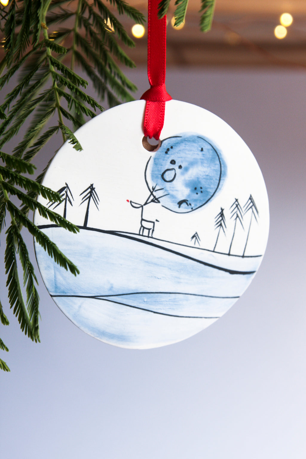 Reindeer and Full Moon Disc Ornament