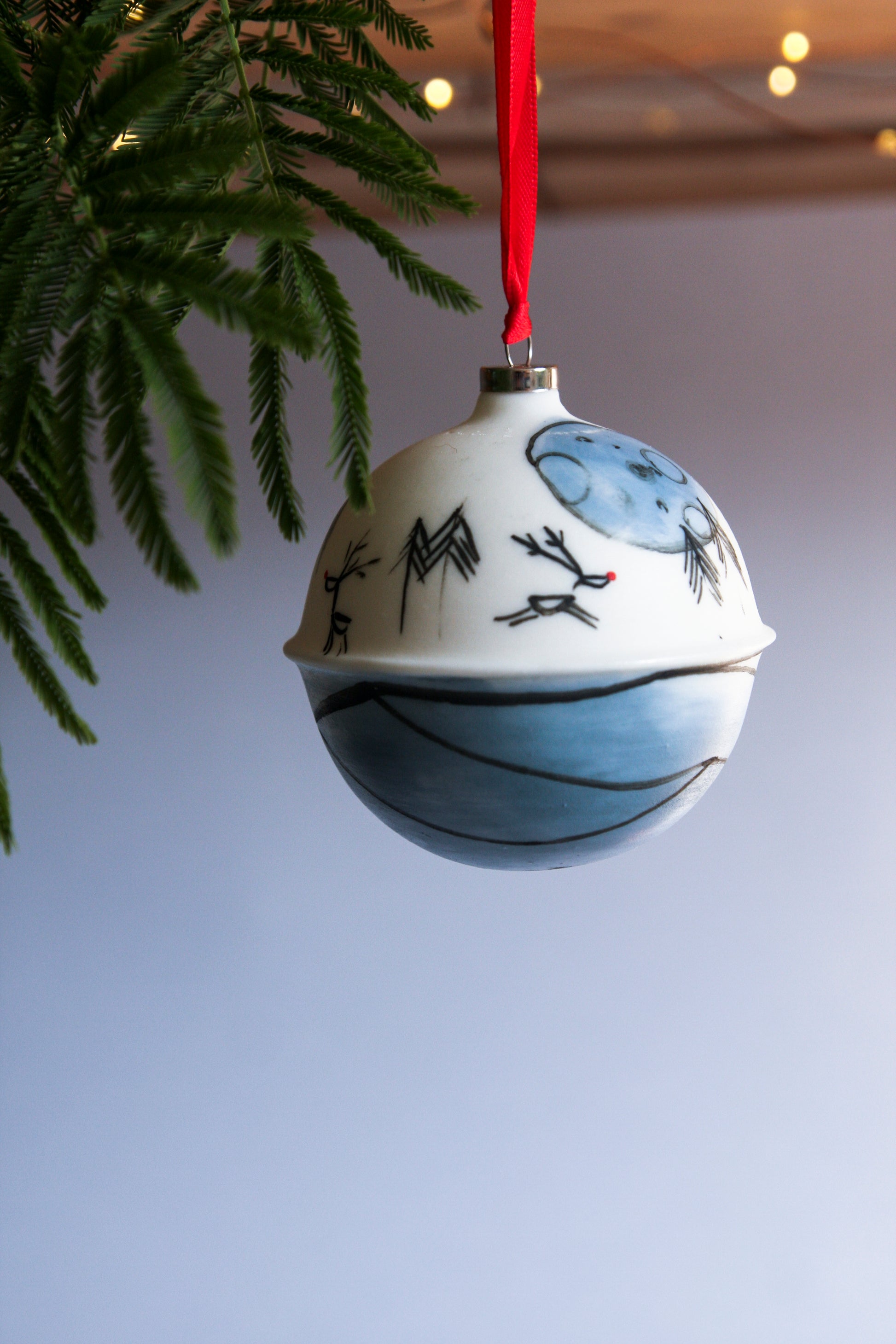 Reindeer at Full Moon- porcelain bauble