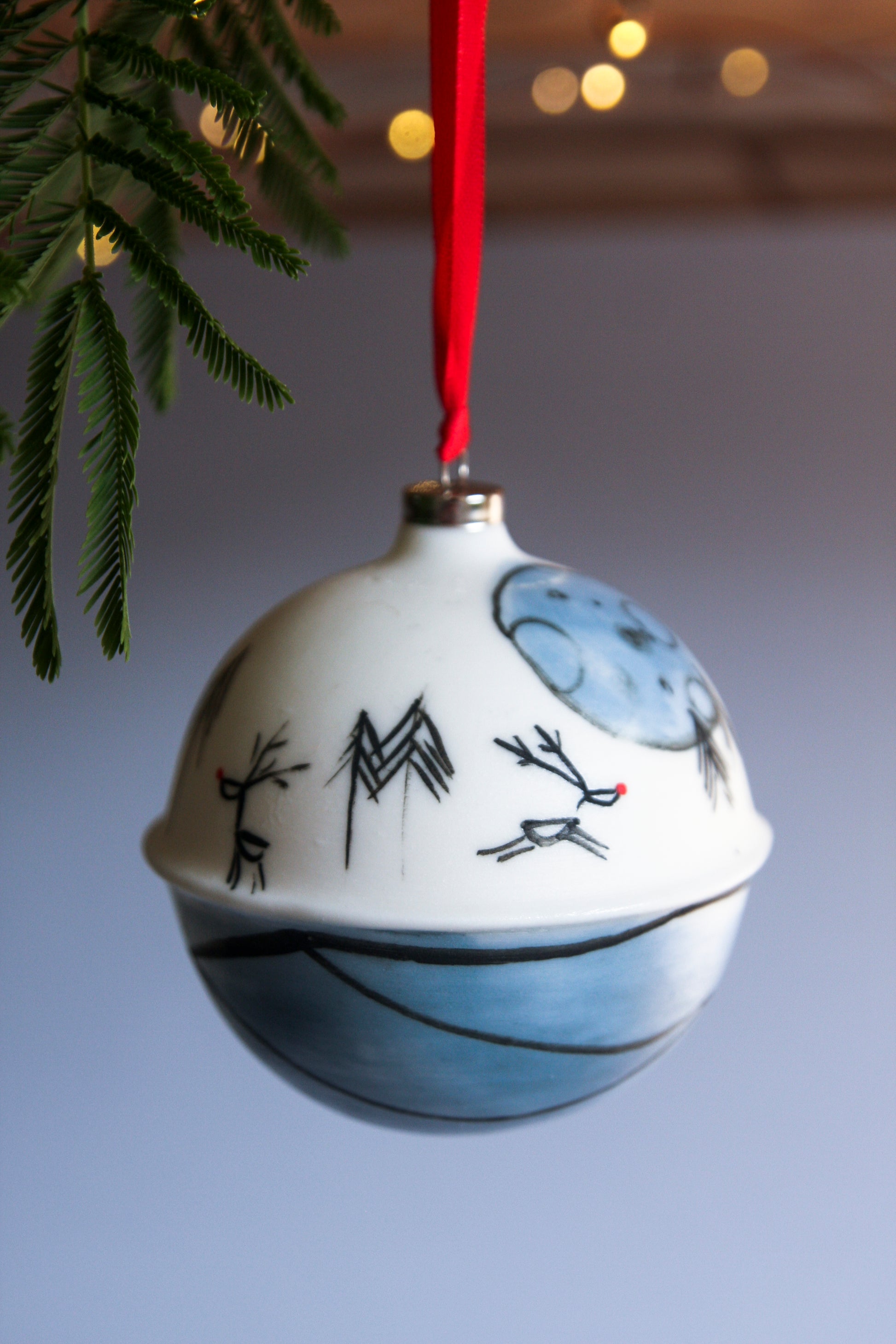 Reindeer at Full Moon- porcelain bauble
