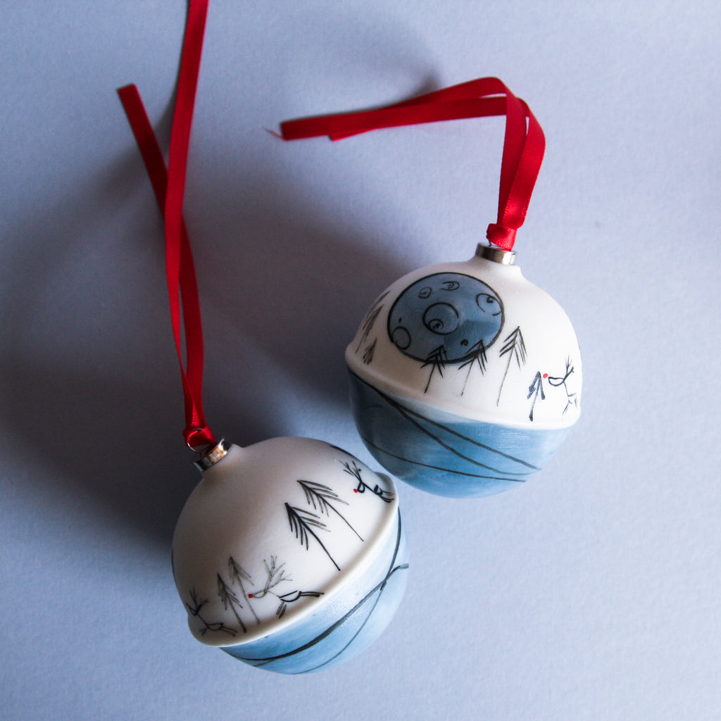 Reindeer at Full Moon- porcelain bauble