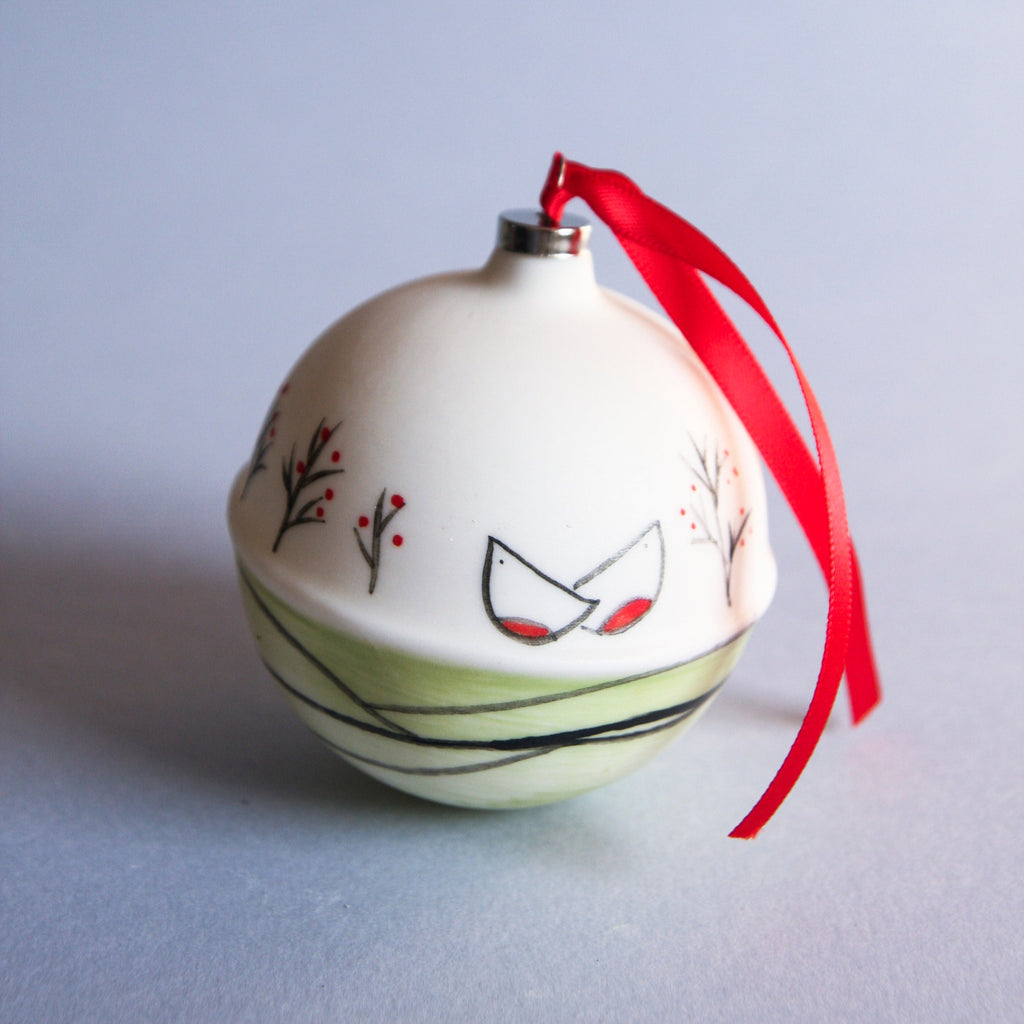 Robins and Winter Berries- porcelain bauble