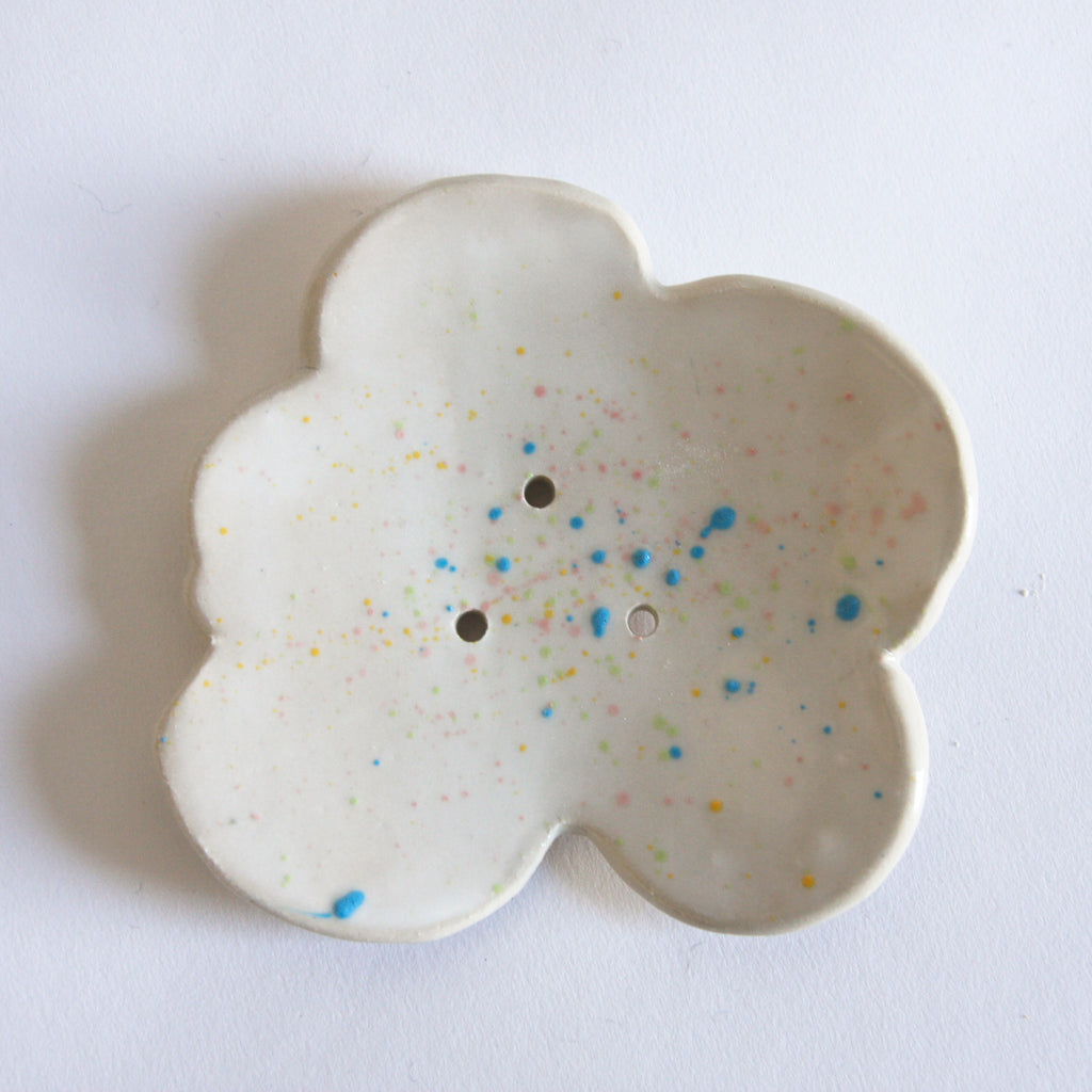 Cloud soap dish with colourful splatter design