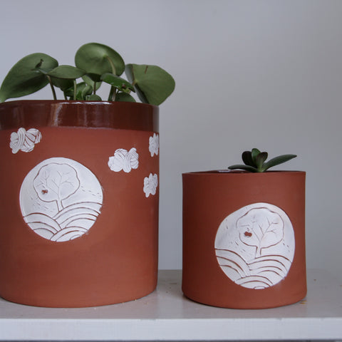 Terracotta planters, Tree of Life motif, 2 sizes