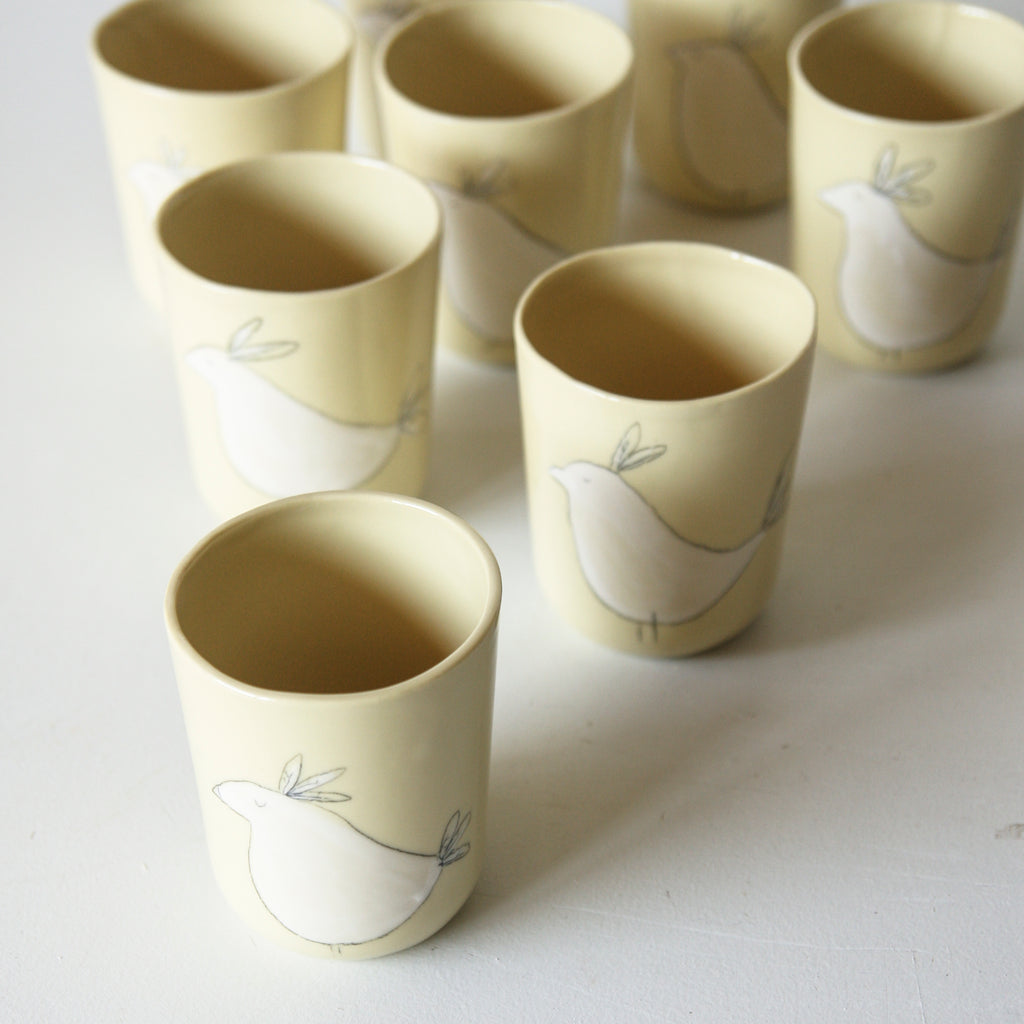 Bird Tumbler, yellow-green porcelain