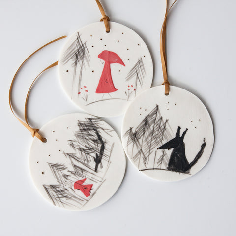 'Little Red Riding Hood' illustrated ornament set, ready to ship